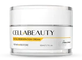 A jar of Cell-a-beauty facial regeneration cream sits on a plain white background. The cream is described as repairing and restoring; the jar contains 50ml/1.7 fl. oz. and includes an 