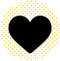 A black heart-shape sits against a checkered background, contained within a square; the whole is set against a solid yellow field.