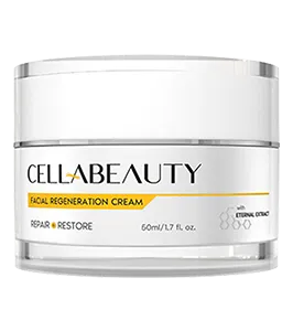 A white jar of CELLAMd Facial Regeneration Cream sits against a plain background. The cream is described as repairing and restoring, and contains 60ml/1.7 fl oz. The label also mentions "Eternal Extract."