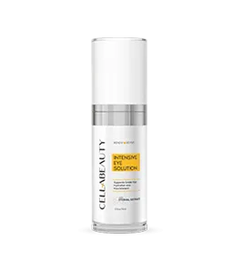 A white bottle of CellBeauty Intensive Eye Solution sits on a white background. The label indicates it is an eye solution.
